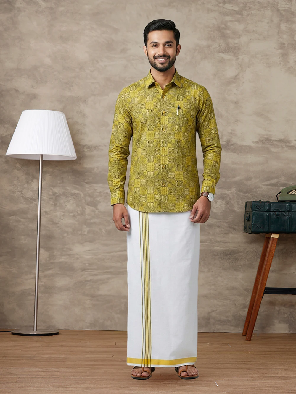 Men Lemon Yellow Matching Border Dhoti With Printed Shirt Set Fusion PS29
